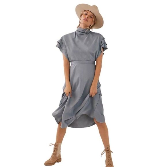 NEW Anthropologie "Madeleine Midi Dress Wedgewood High Neck Layered Sleeves sz 4 - Picture 1 of 13